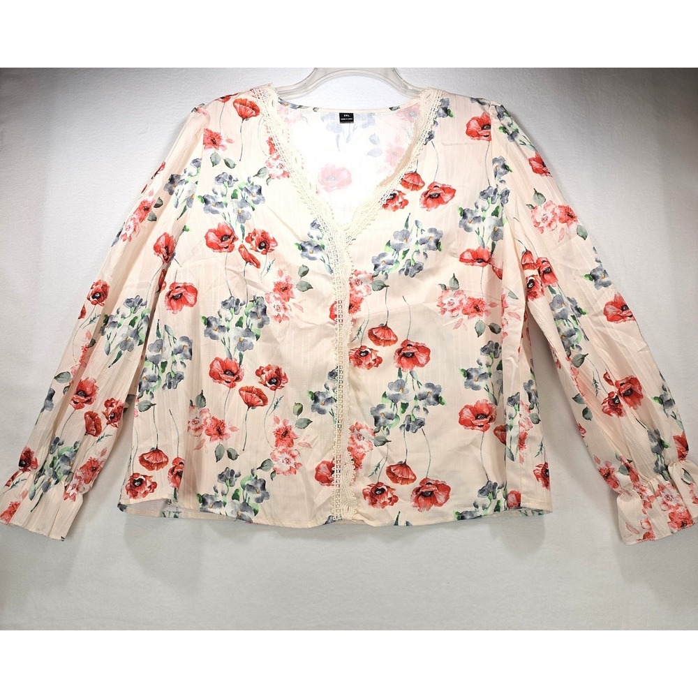 Floral V-Neck Lace Trim Blouse Peach Red Poppy Print‎ Long Sleeve Top 2XL